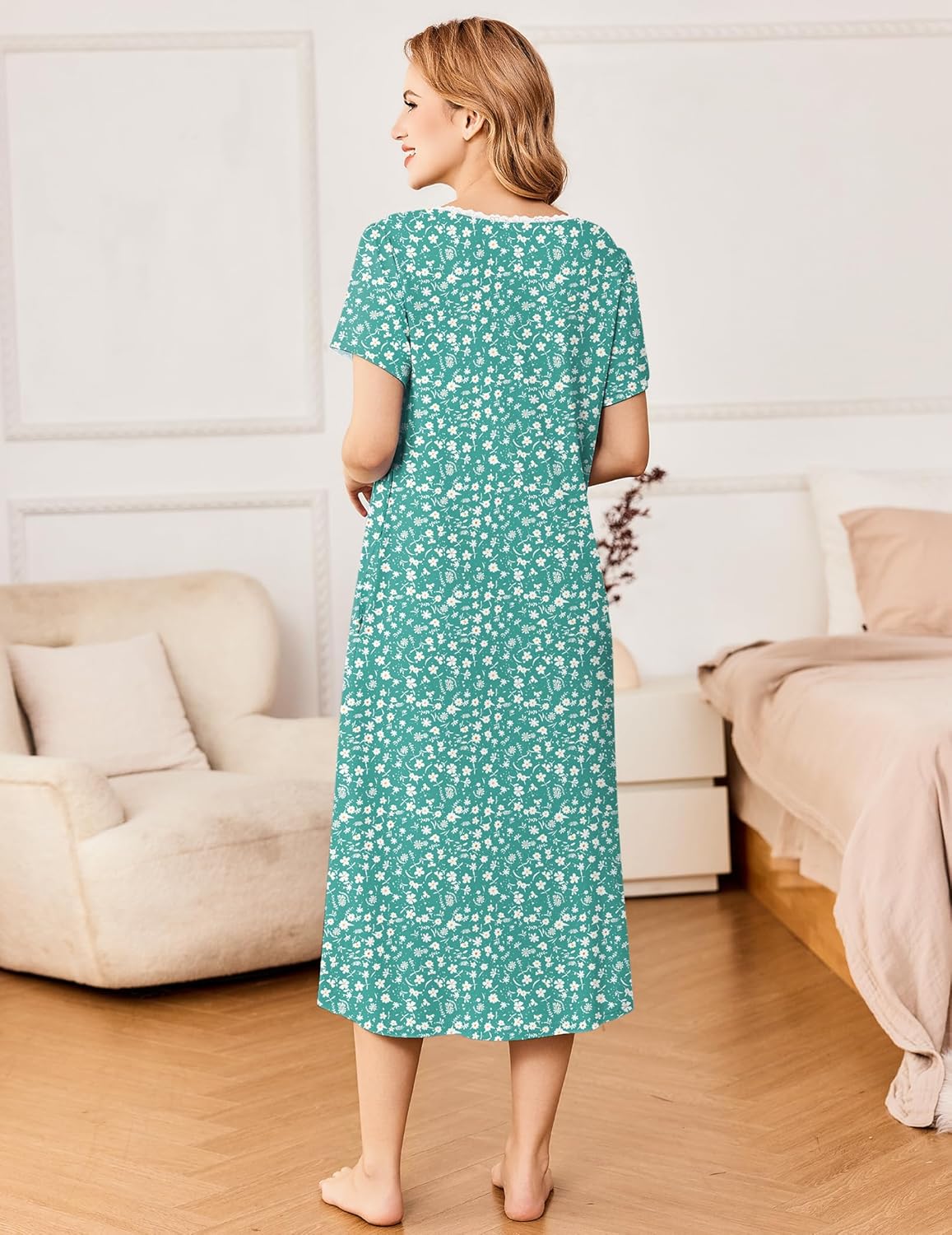 Green floral short-sleeve button nightdress, back view with straight silhouette and lace neckline