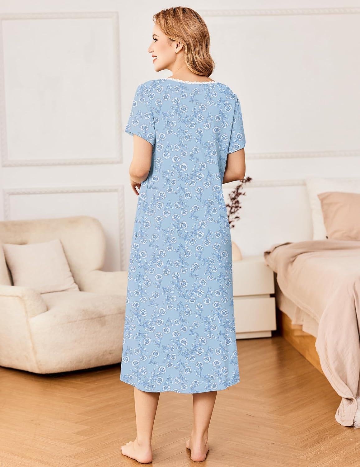 Blue floral nightdress, back view; short sleeves and button-front shape