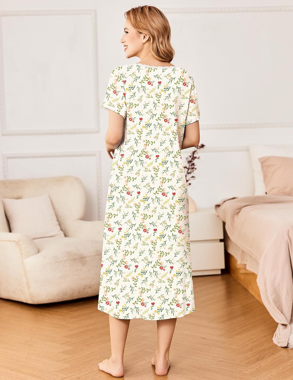 Back view of light green floral short sleeve button nightdress, knee-length