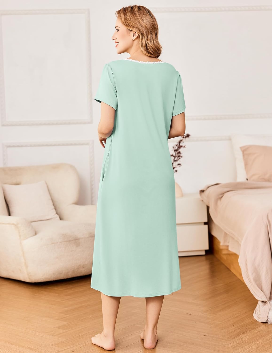 Mint green short-sleeve button nightdress, back view with simple yoke and straight skirt