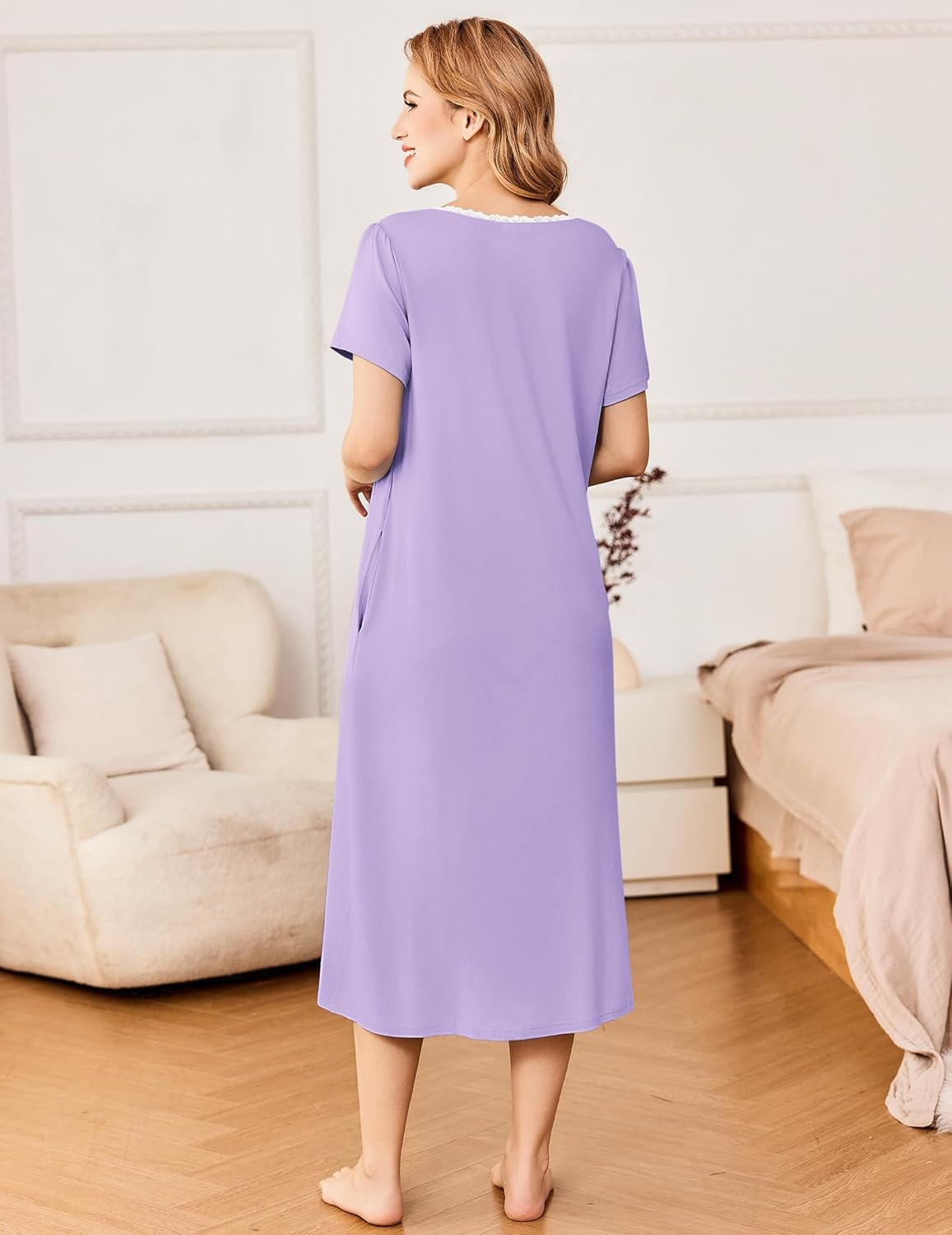 Back view of short-sleeve button nightdress, purple solid with round lace-trim neckline