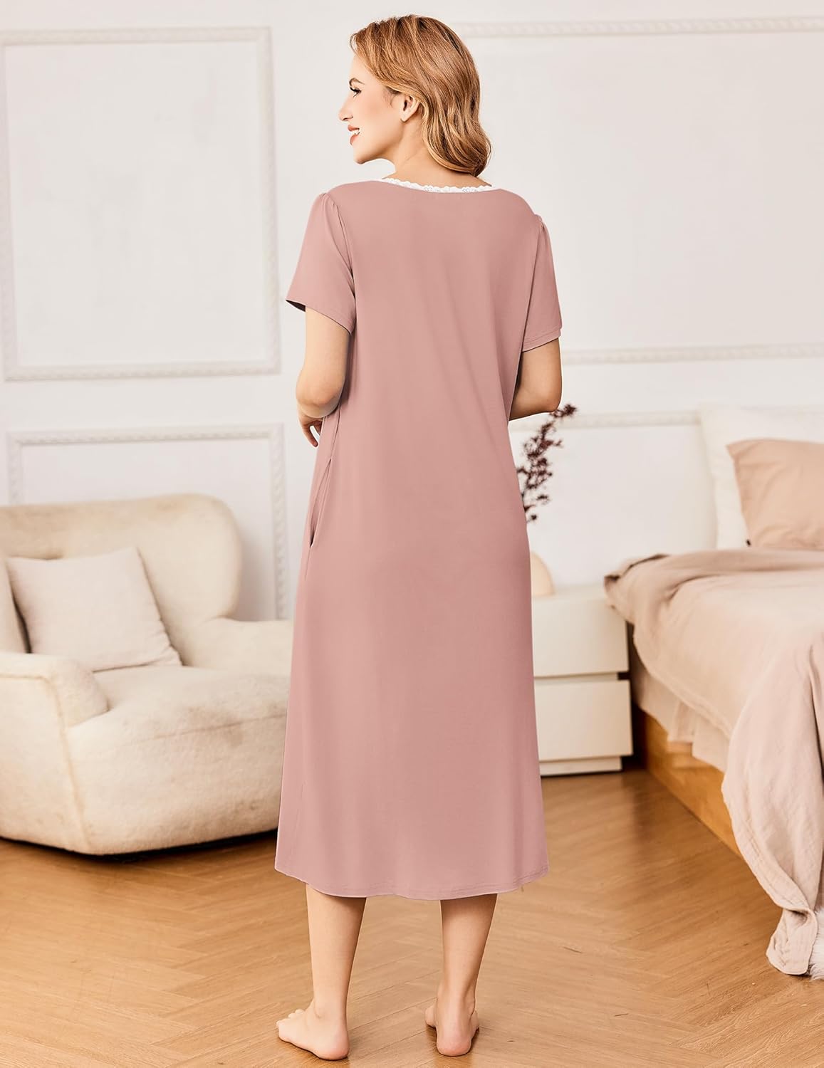 Short sleeve nightdress button house dress shown from back, mauve with lace neckline