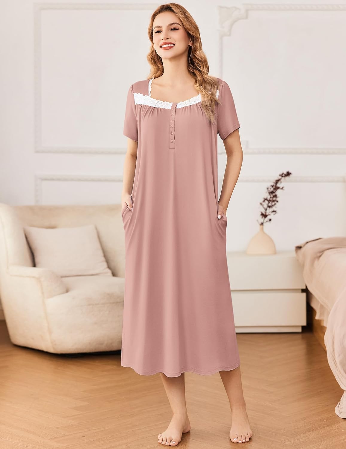 Short sleeve nightdress button house dress in mauve with lace-trim neckline