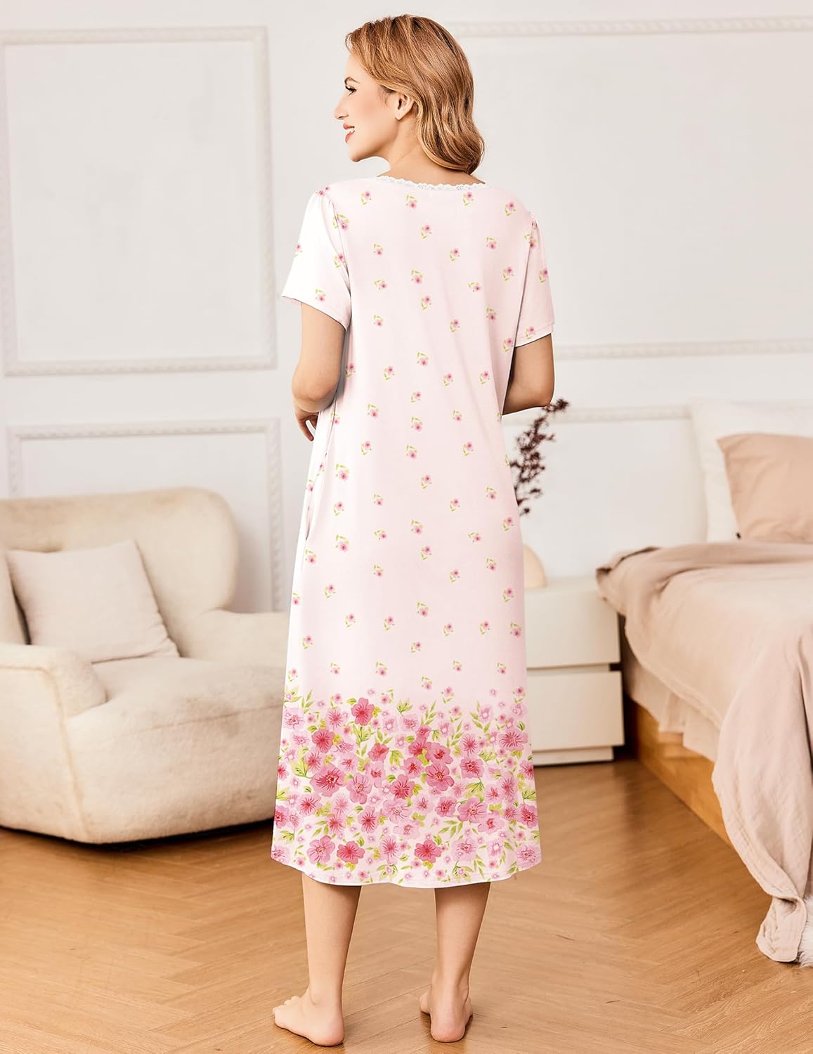Pink floral short-sleeve button nightdress, back view, knee-length gathered skirt