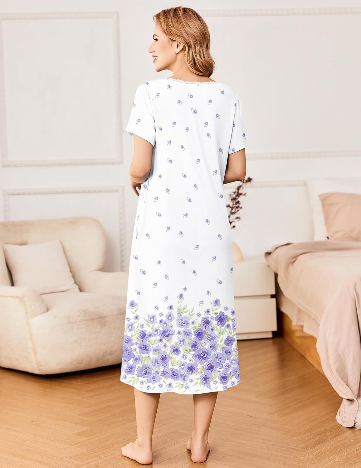 Back view of white nightdress with purple floral border, short sleeves, lace-trim neckline