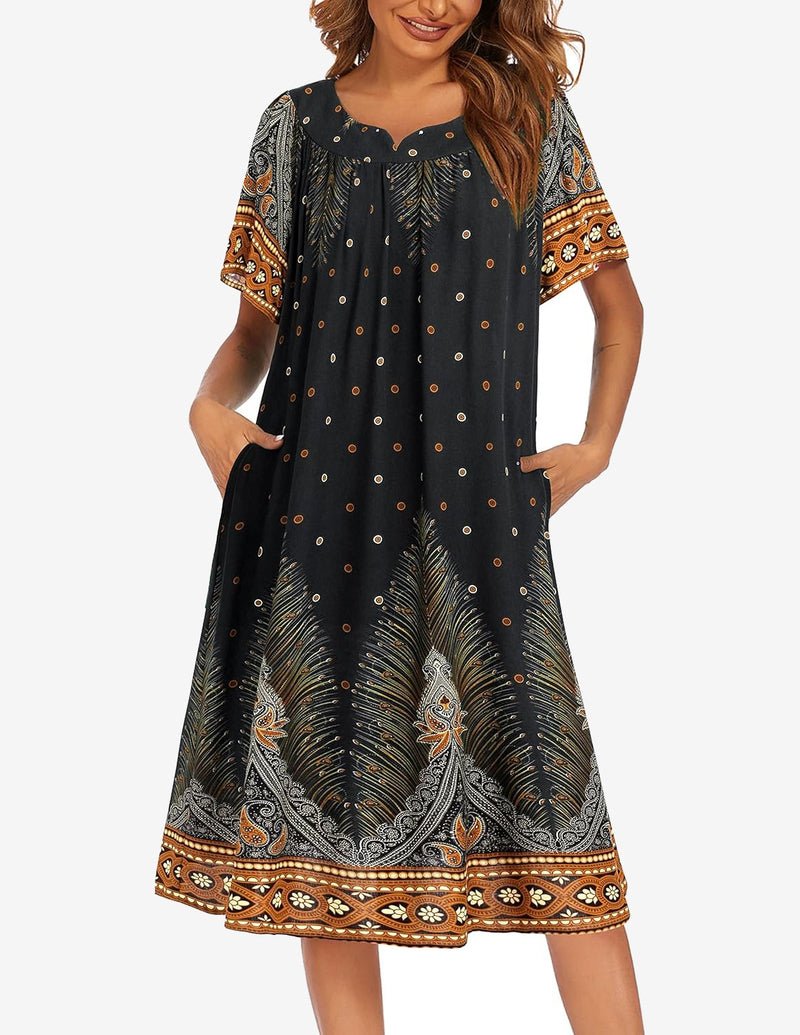 Navy patterned short-sleeve house dress with pockets, buttoned round neckline