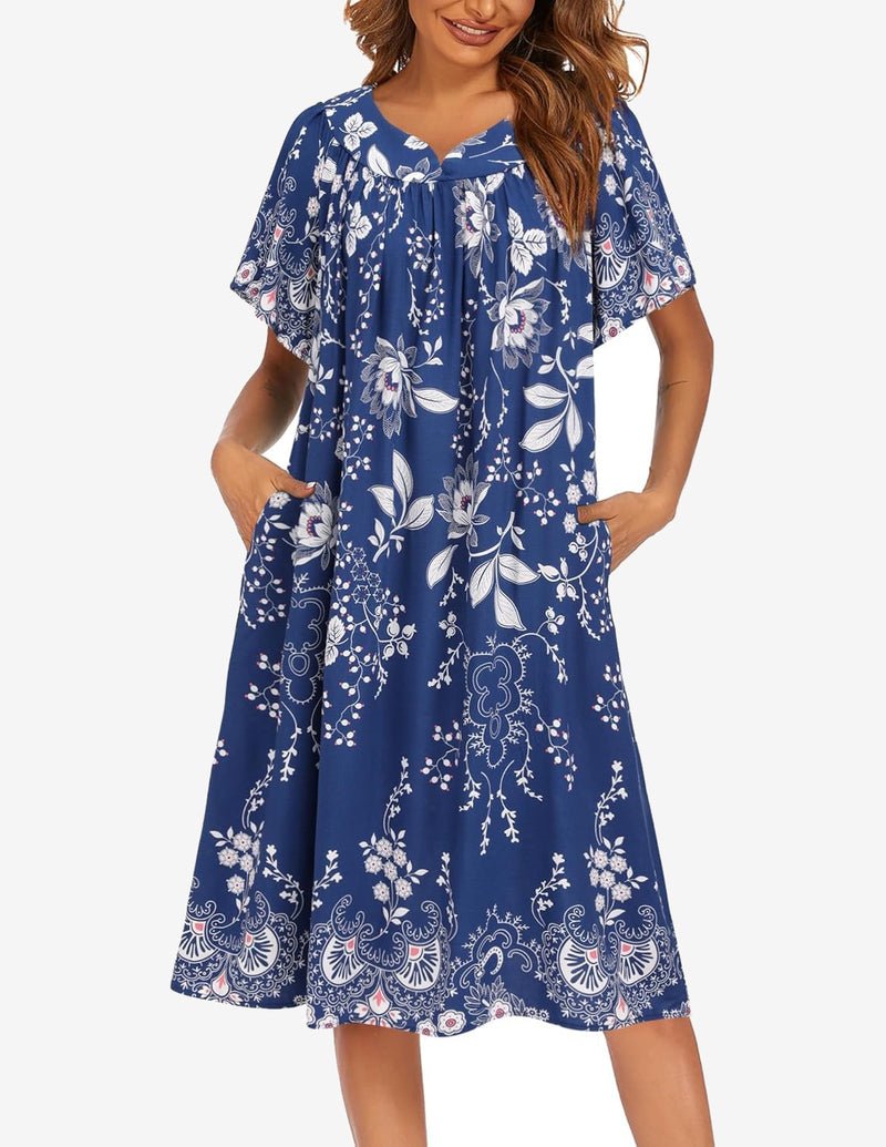 Navy floral short-sleeve house dress with pockets, gathered round neckline