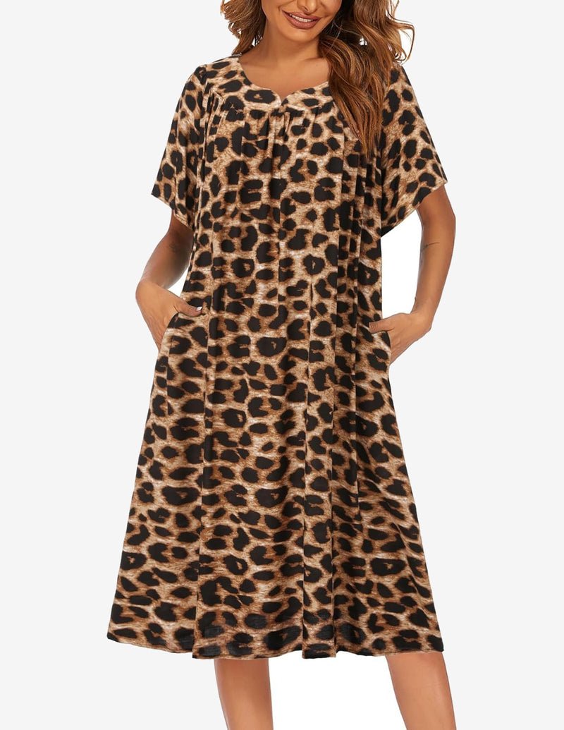 Leopard print short-sleeve house dress with pockets and scoop neckline