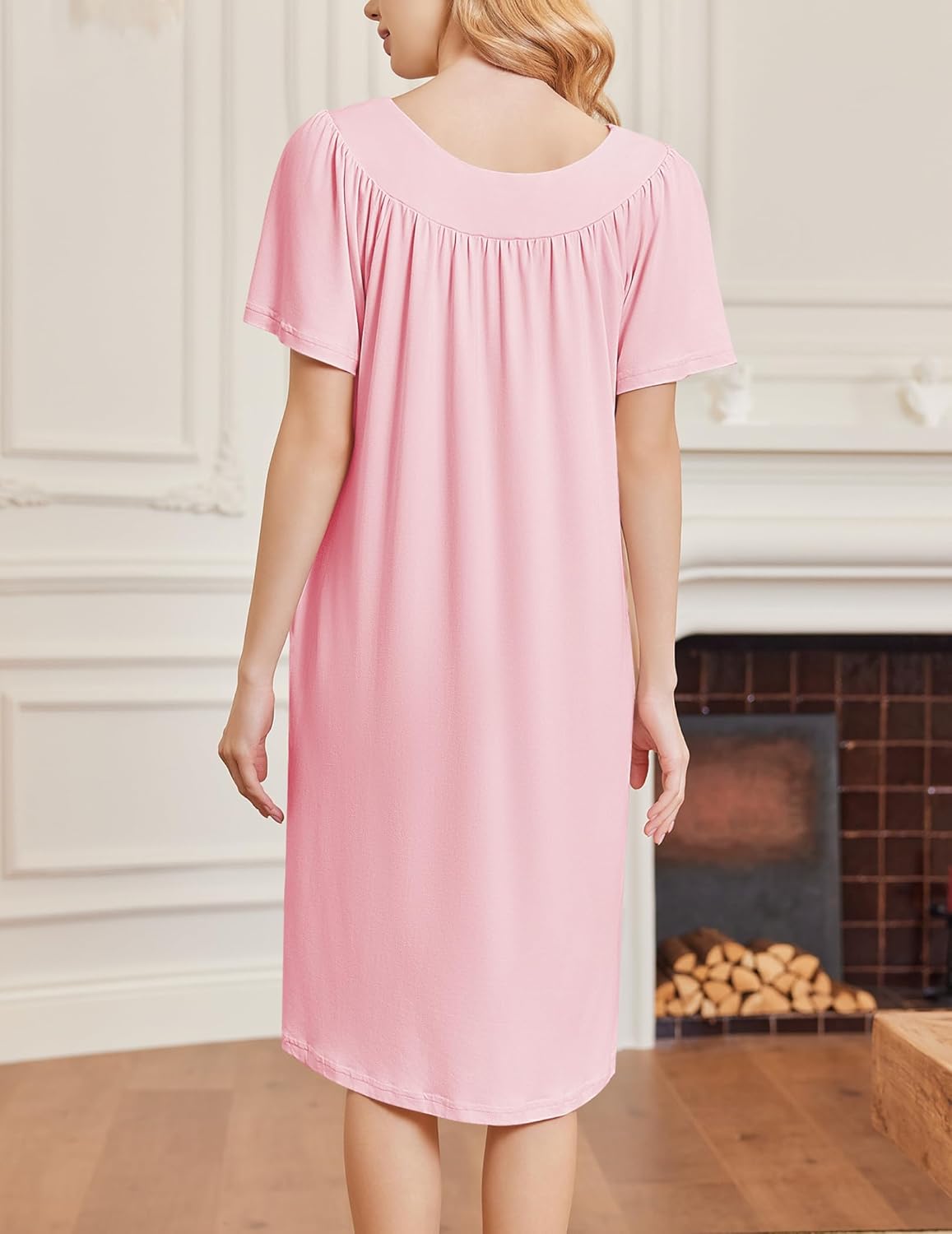Pink short-sleeve house dress with gathered neckline panel and straight, midi length