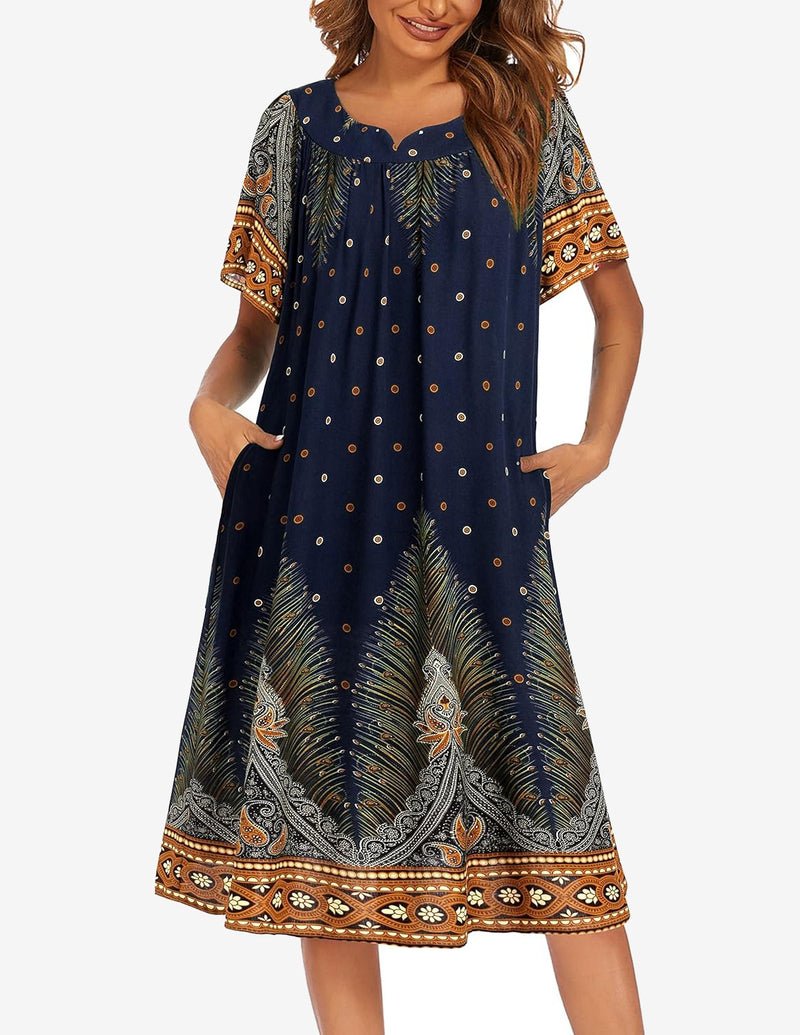 Navy feather-print short-sleeve house dress with pockets, decorative border hem