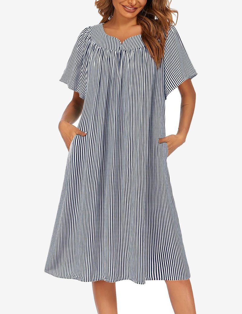 Navy-and-white striped short-sleeve house dress with pockets and gathered neckline