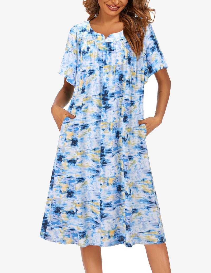Blue and yellow tie-dye short-sleeve house dress with pockets, round neckline