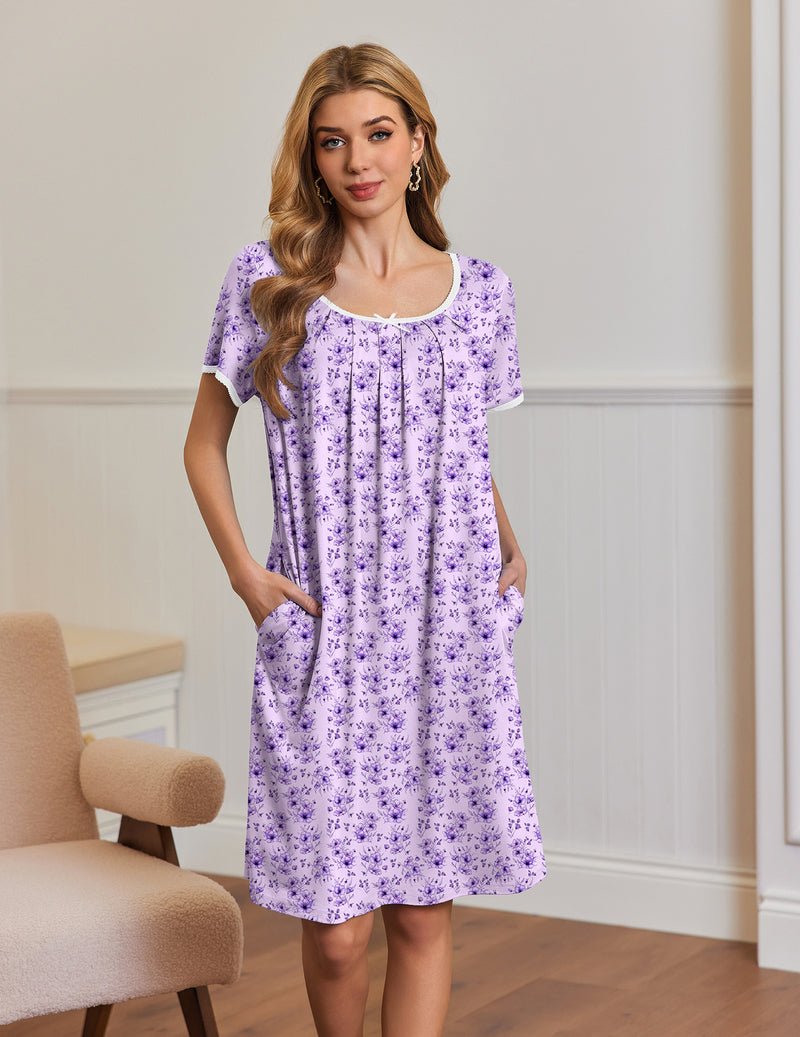Lavender floral short-sleeve house dress with pockets, pleated mumu yoke