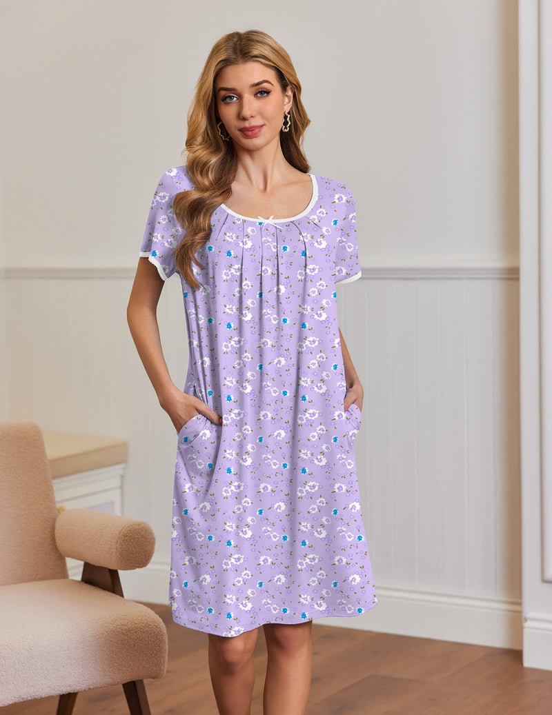 Light purple floral short-sleeve mumu dress with gathered pleats and side pockets