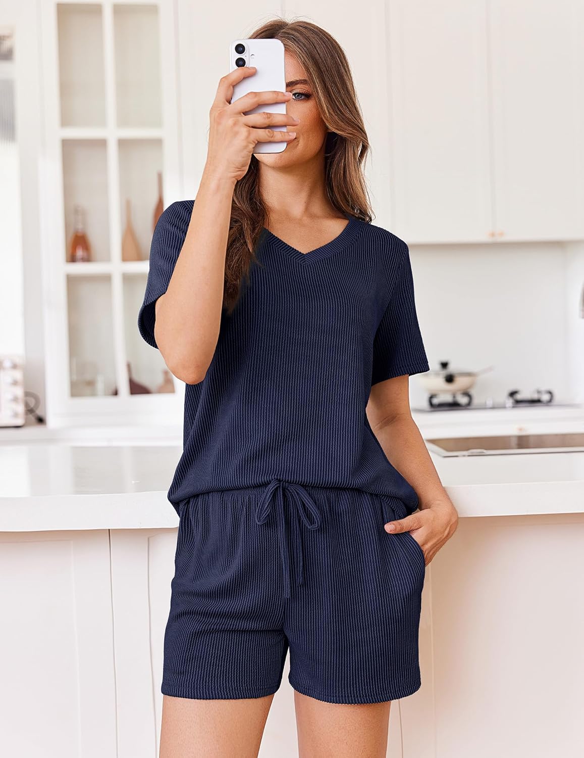 Navy knit lounge set with short-sleeve V-neck top and drawstring shorts