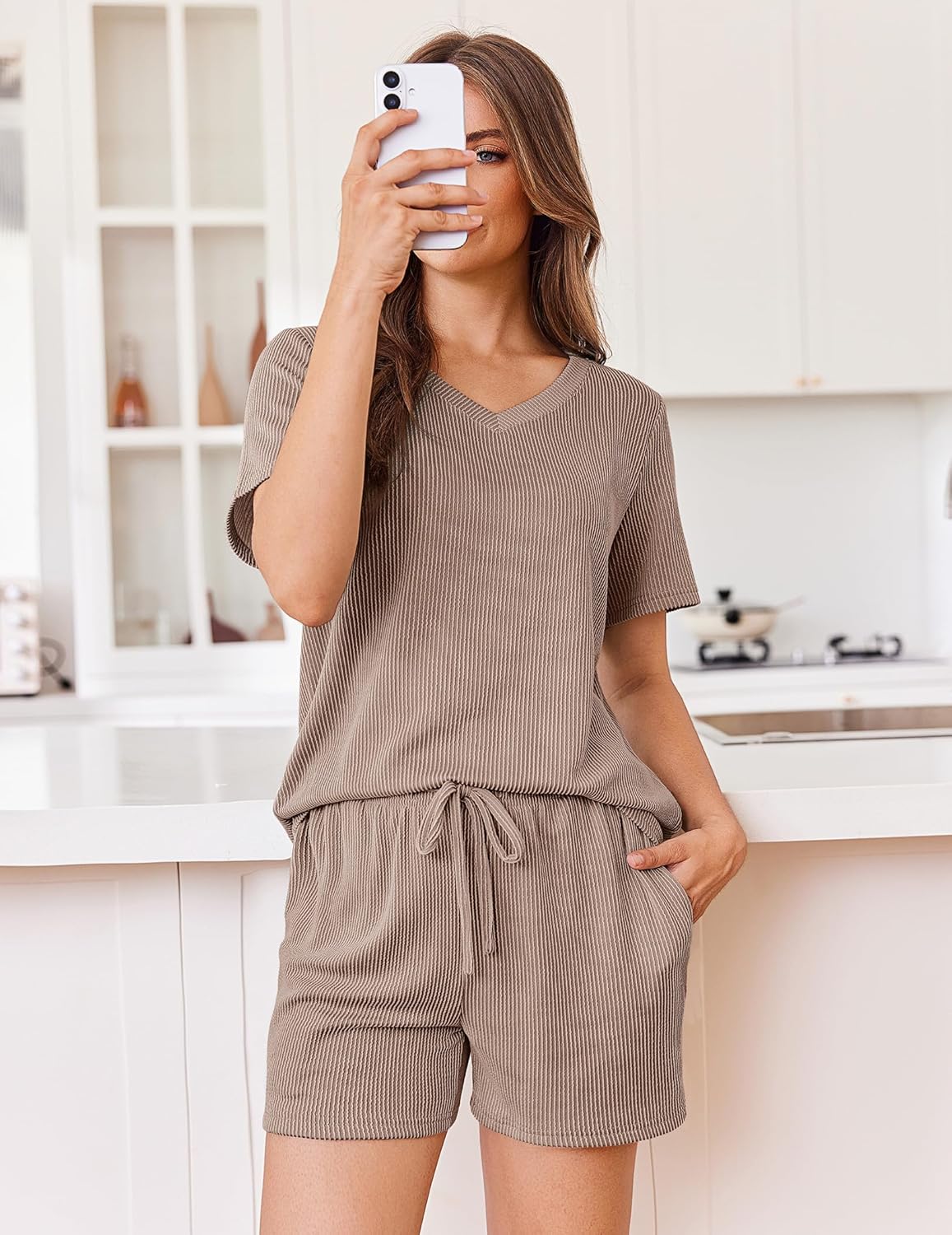 Taupe V-neck knit top with short sleeves and matching drawstring shorts, 2-piece set