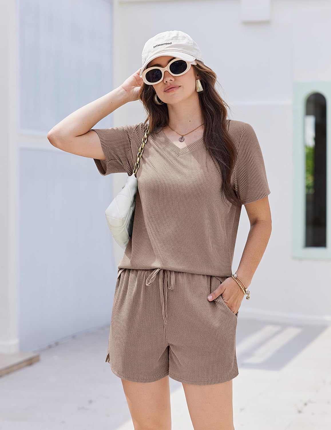 Taupe knit lounge set: V-neck short-sleeve top and drawstring shorts, 2-piece