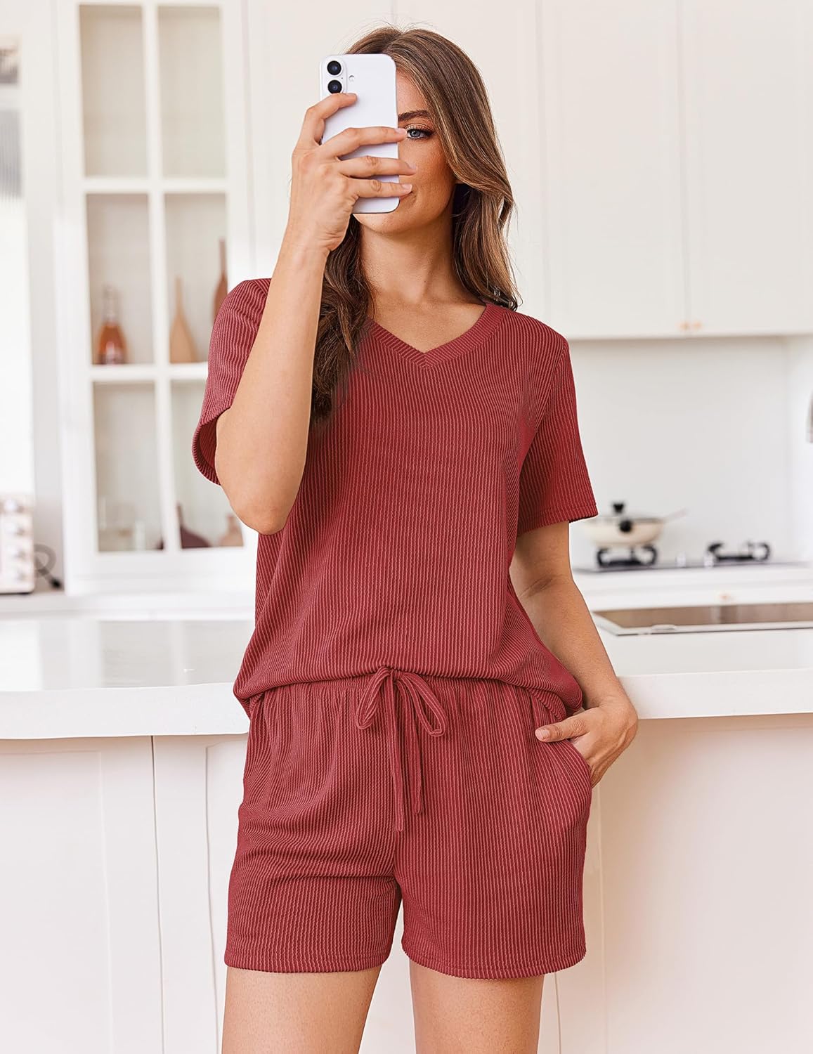 Red knit lounge set: V-neck short-sleeve top and drawstring shorts, 2-piece