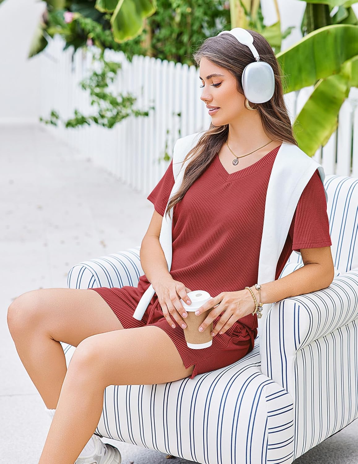 Red knit lounge set: short-sleeve V-neck top and matching shorts