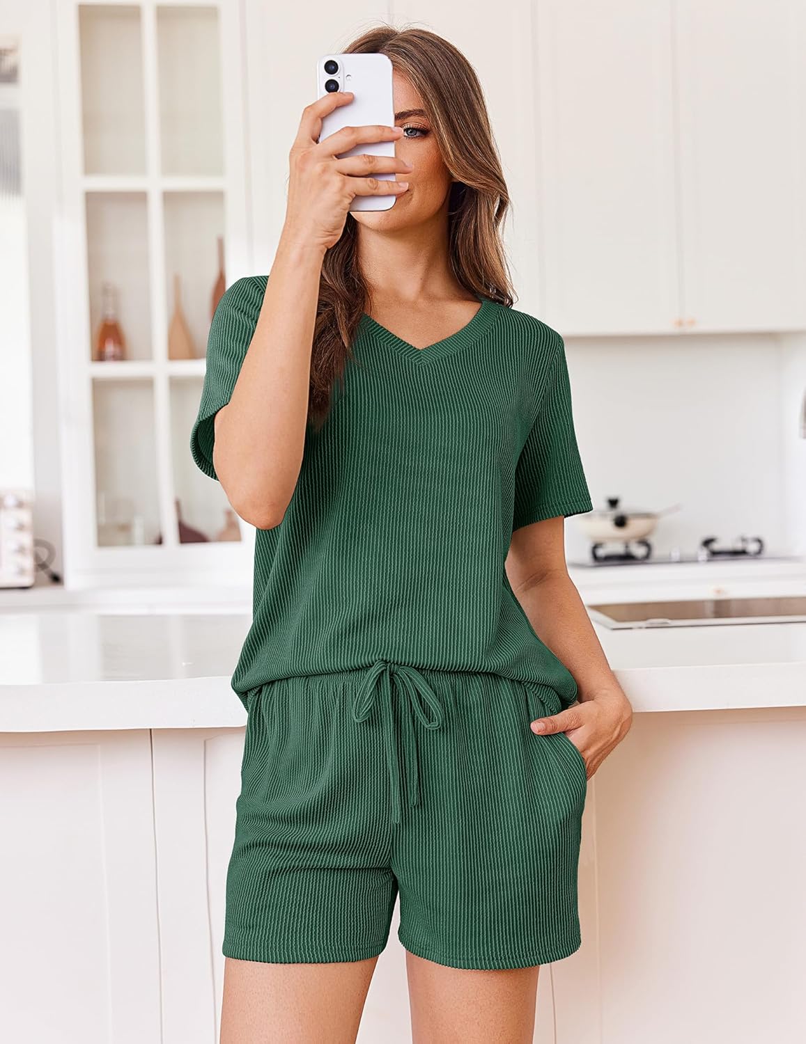 Green knit 2-piece lounge set: short-sleeve V-neck top & drawstring shorts