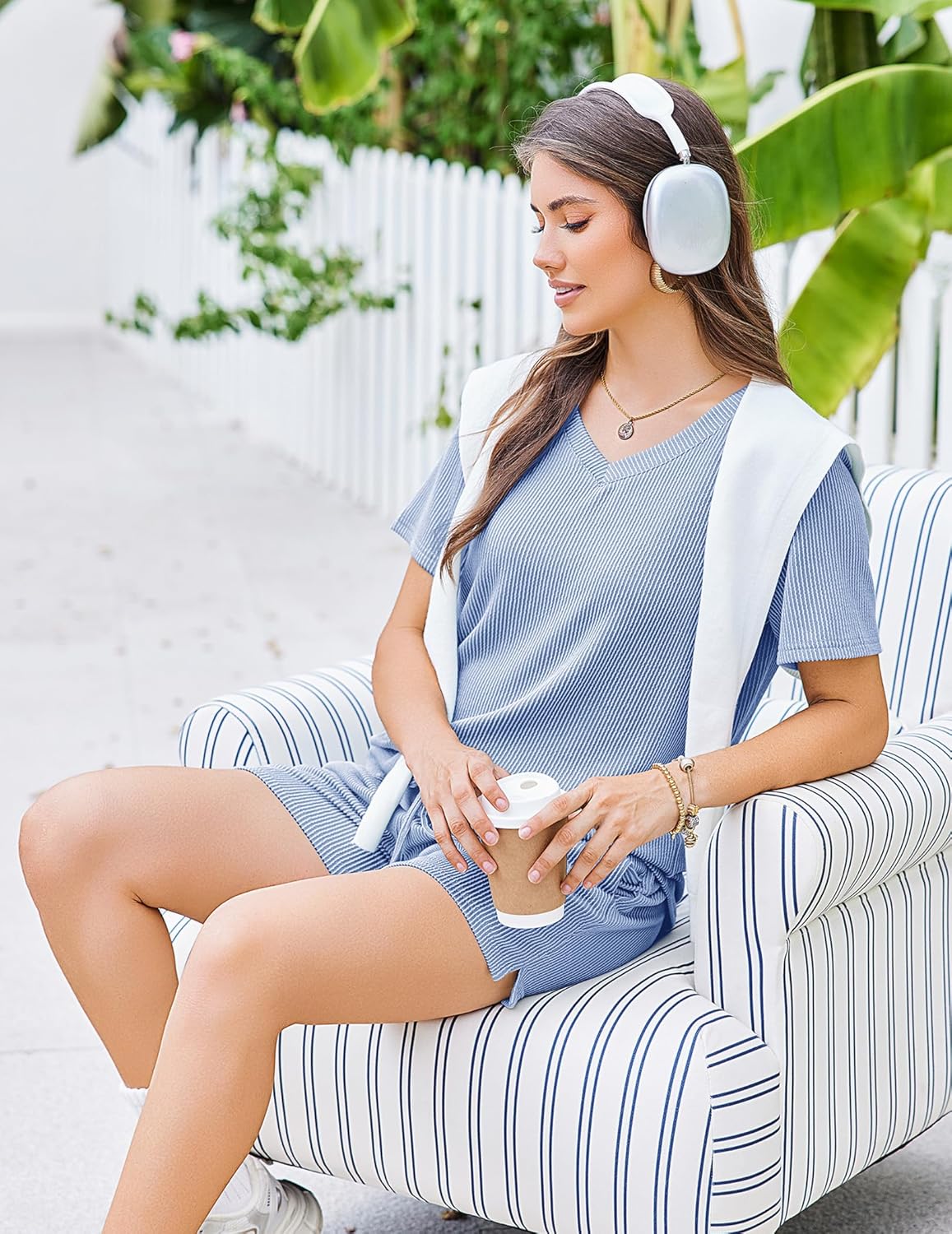 Blue knit lounge set: V-neck short-sleeve top and drawstring shorts, 2-piece