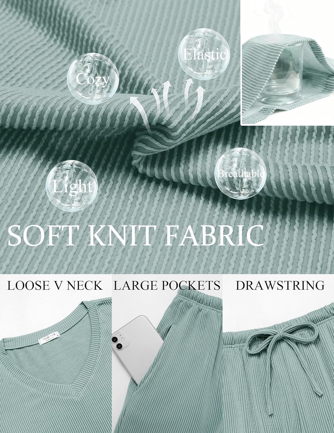 Light green soft knit fabric set: V-neck, large pockets, and drawstring shorts