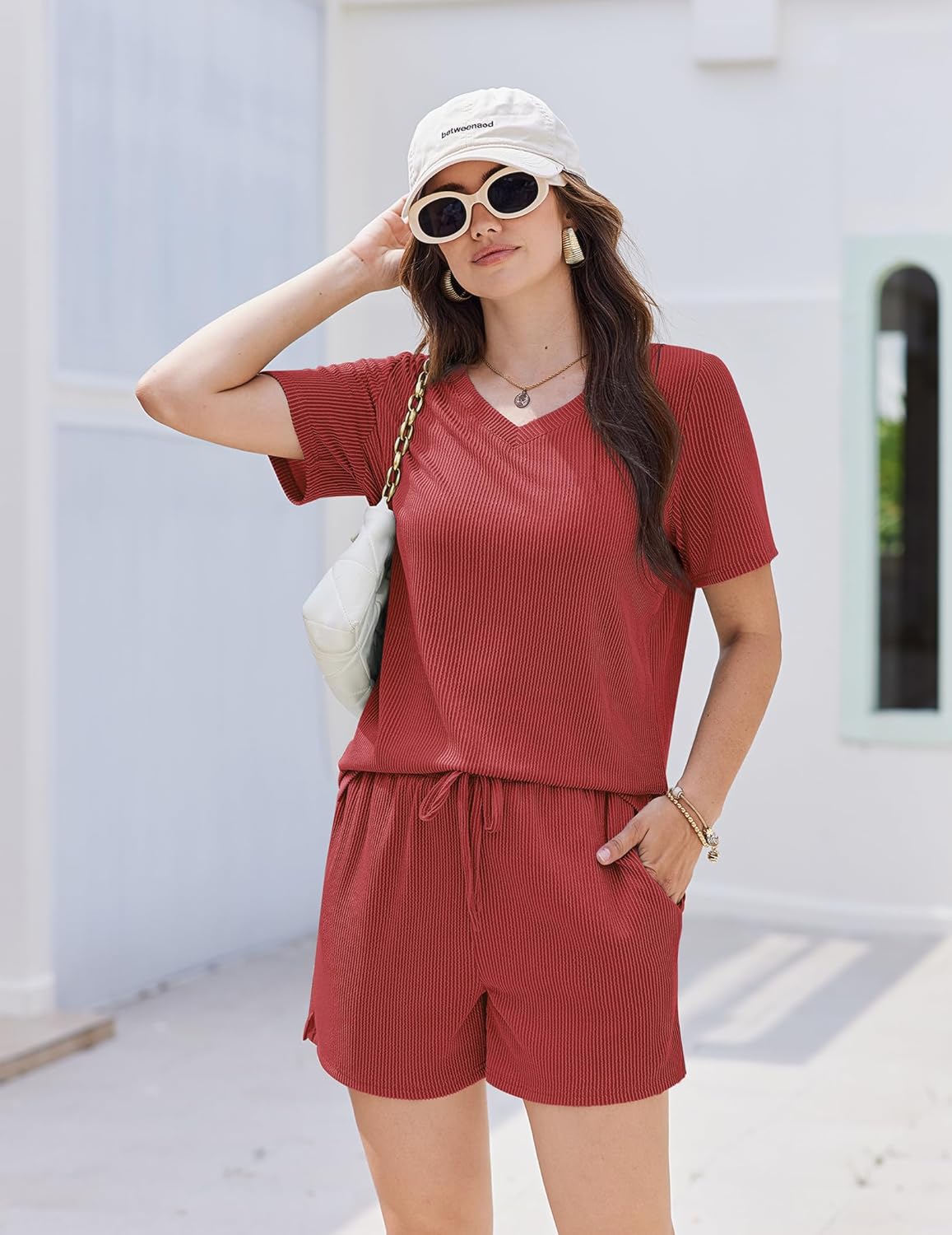 Red knit short set with V-neck top and drawstring waist shorts