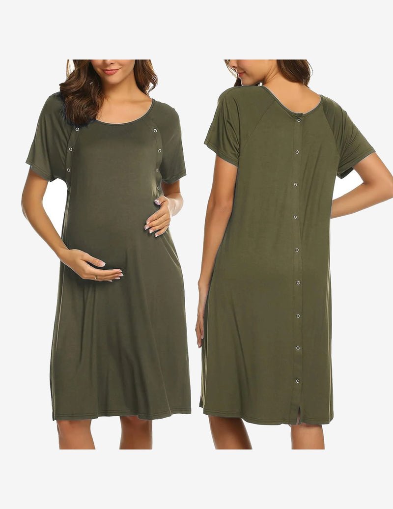 Short sleeve maternity nightgown, army green, button-front, side slit hem