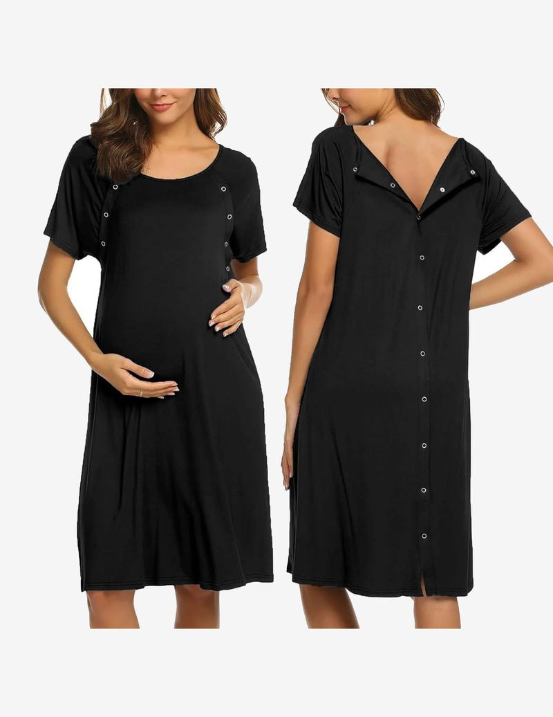 Ekouaer short sleeve maternity nightgown, black, button-front, round neckline