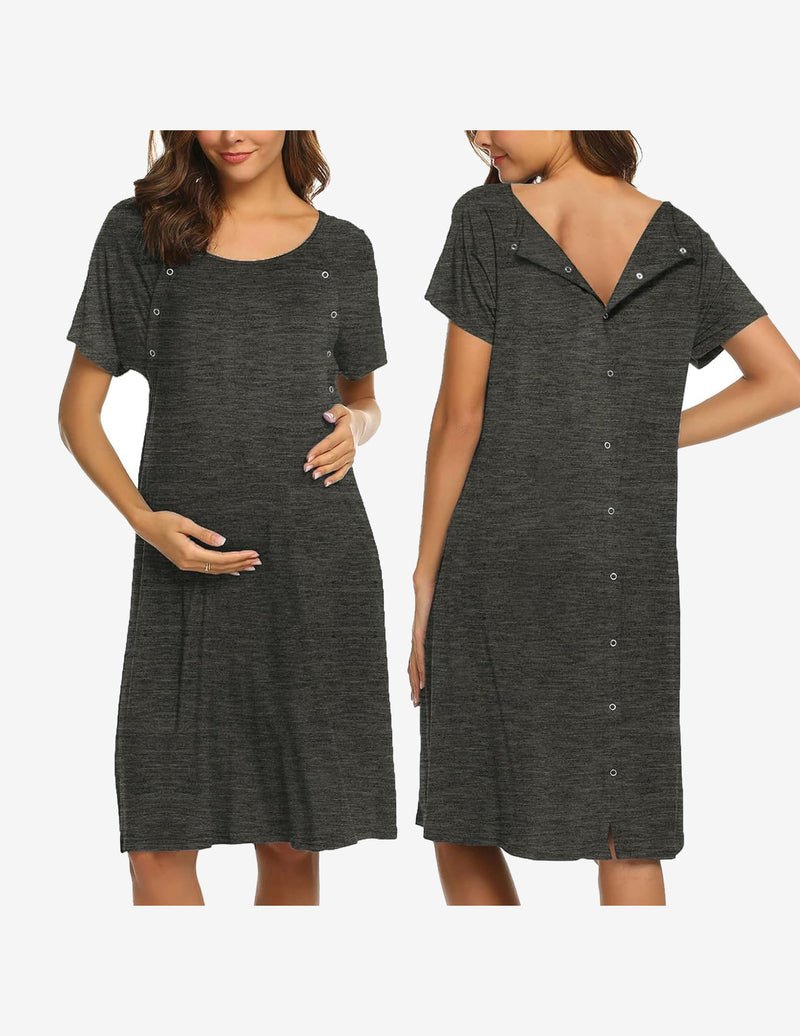 Short sleeve maternity nightgown, dark grey heather, button-front, midi length