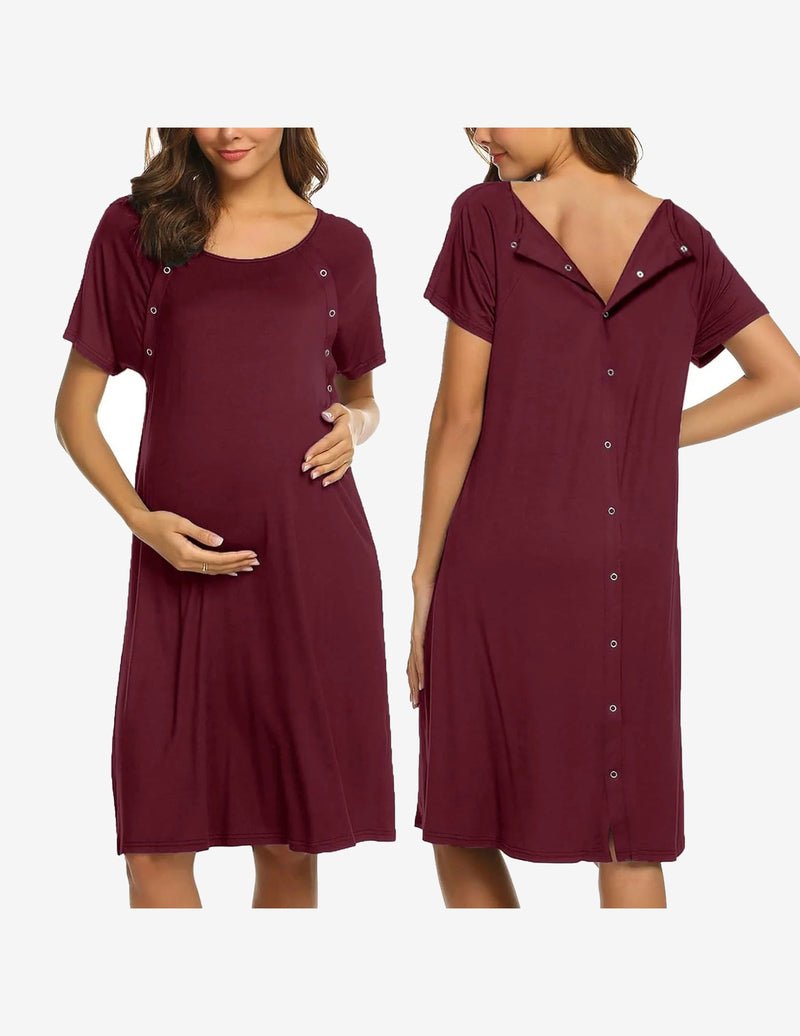Short sleeve maternity nightgown, dark red, button-front, midi length