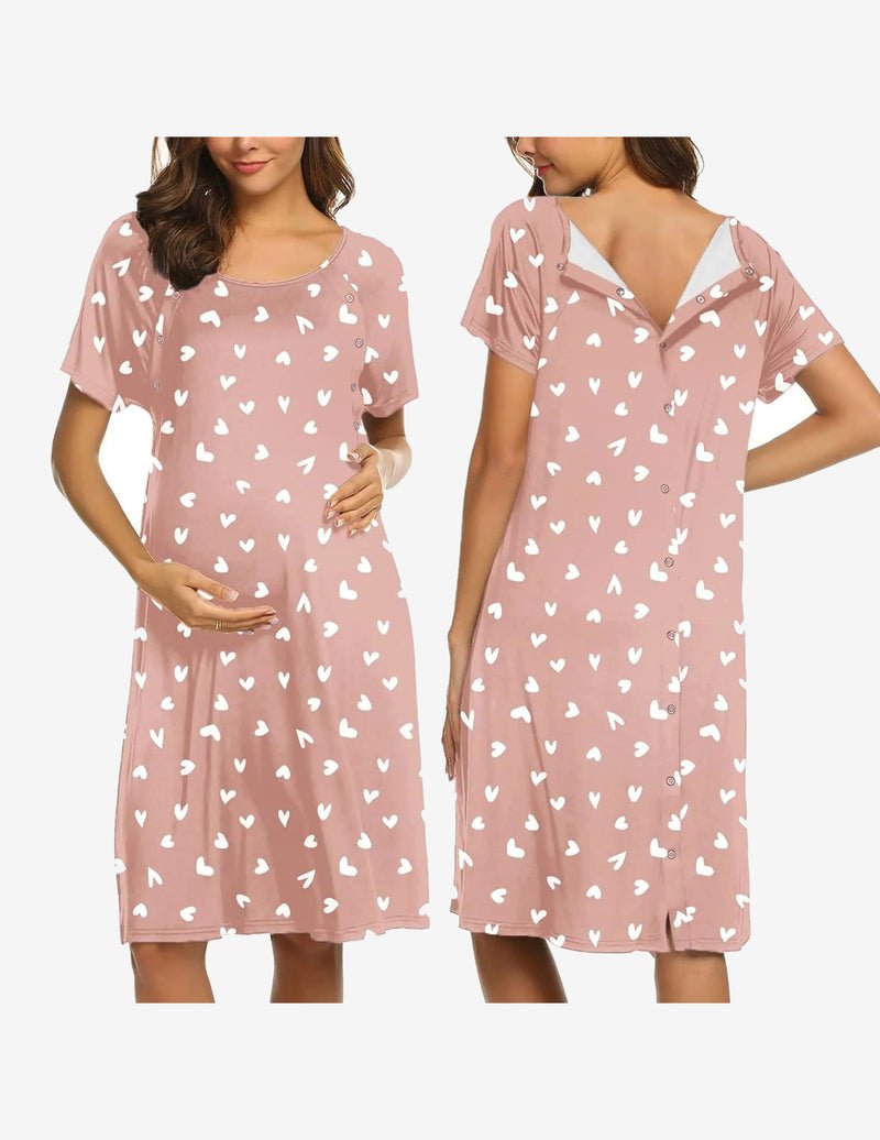 Short sleeve maternity nightgown, dirty pink floral print, button-front, midi length