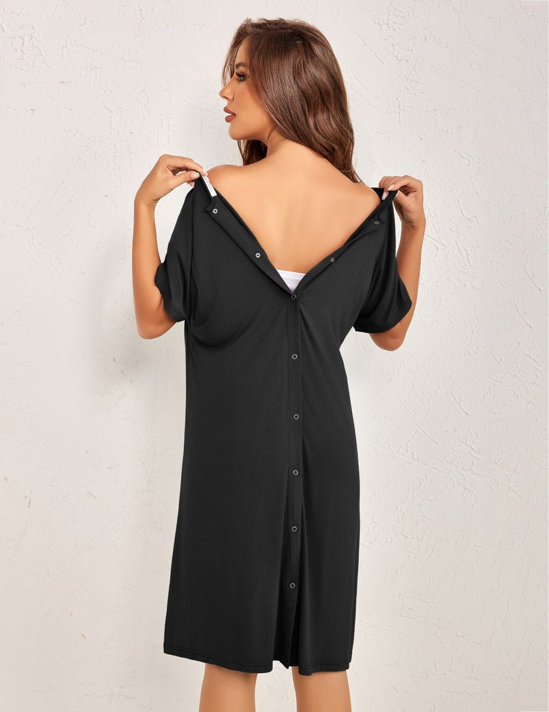 Black maternity nightgown, back view, deep V with button-down opening