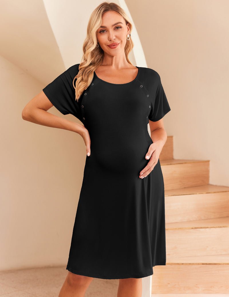 Short sleeve maternity nightgown, black, button-front, knee-length with drape