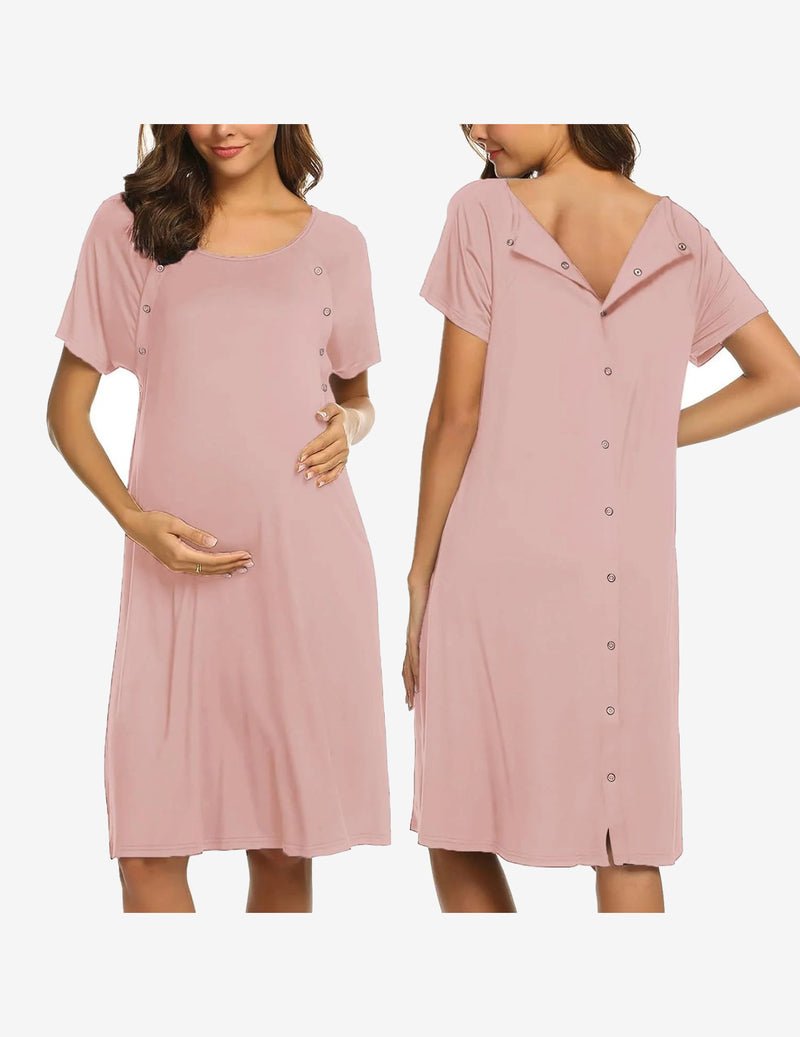 Short sleeve maternity nightgown, light dusty pink, button-front, back-row buttons