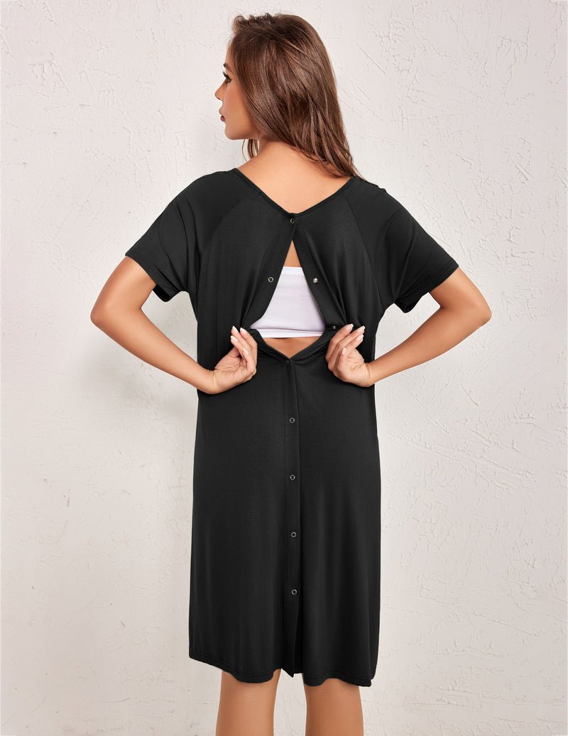 Black maternity nightgown with short sleeves and button placket; open back cutout