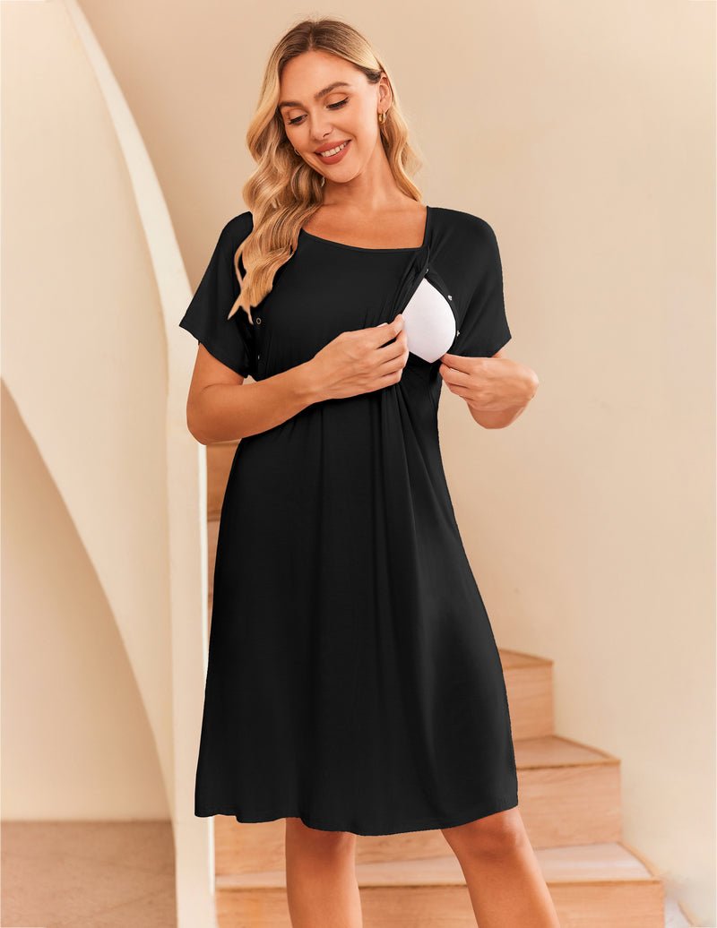 Black maternity nightgown with short sleeves and front button placket
