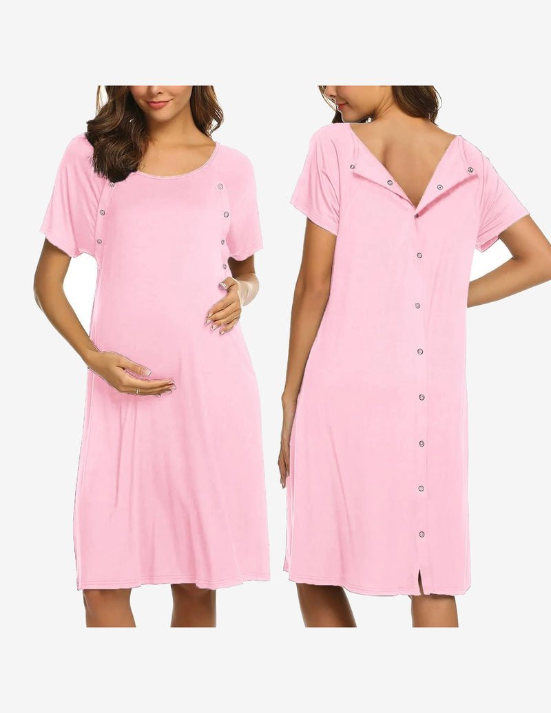 Short sleeve maternity nightgown, rose pink, button-front, soft solid knit