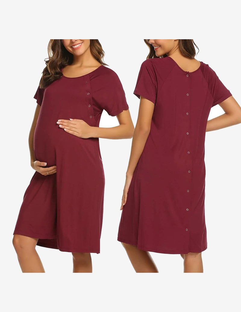 Short sleeve maternity nightgown, wine red, button-front, short sleeves
