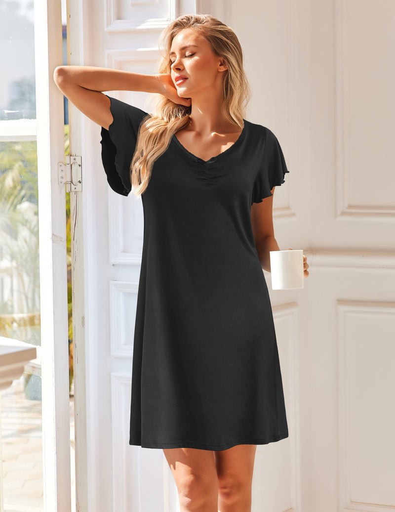 Short-sleeve night gown, V-neck, black, relaxed fit, above-knee length