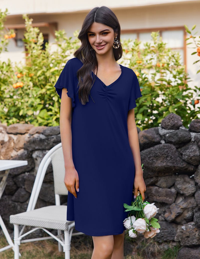 Comfy short-sleeve night gown, deep navy blue with V-neck and side ruching