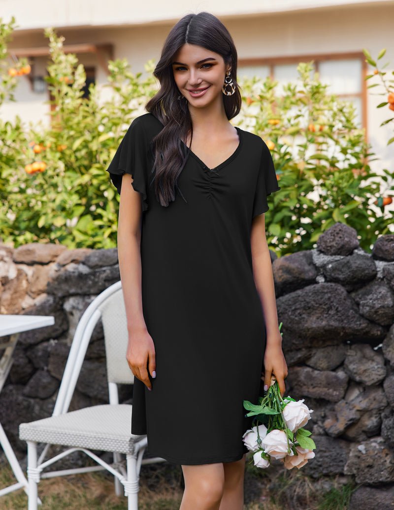 Short-sleeve night gown, V-neck, black, short sleeves, softly A-line