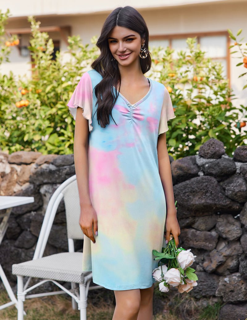 Comfy short-sleeve night gown, pastel tie-dye with V-neck