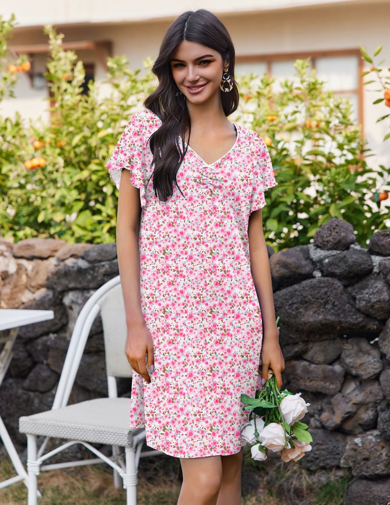 Comfy short-sleeve night gown, pink floral print with V-neck