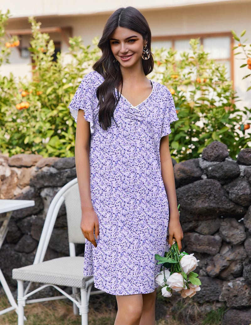 Violet purple floral short sleeve sleep dress with V-neck ruching