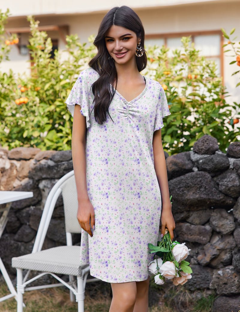 Comfy short-sleeve night gown, white with small purple floral print