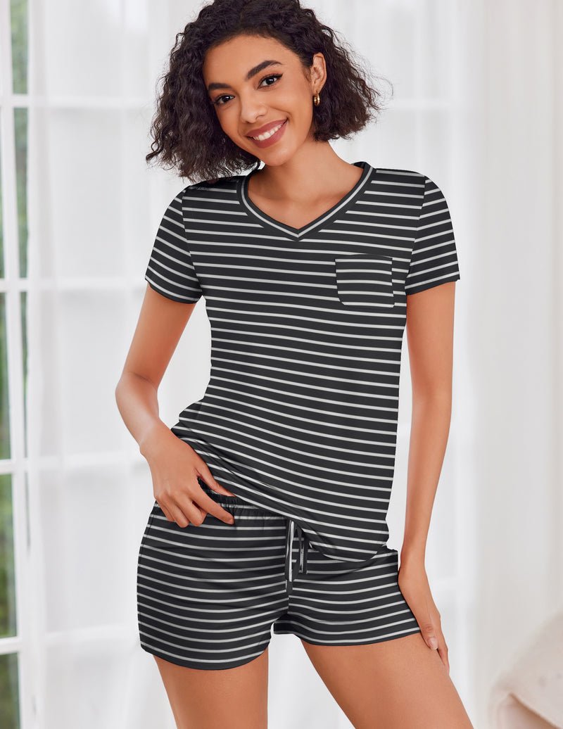 Short-sleeve striped pajama set with V-neck top and matching striped drawstring shorts