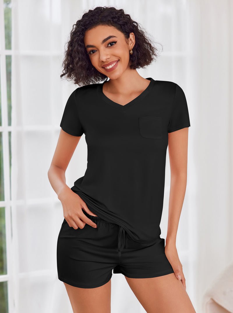 Black short-sleeve pajama set with V-neck top and matching drawstring shorts