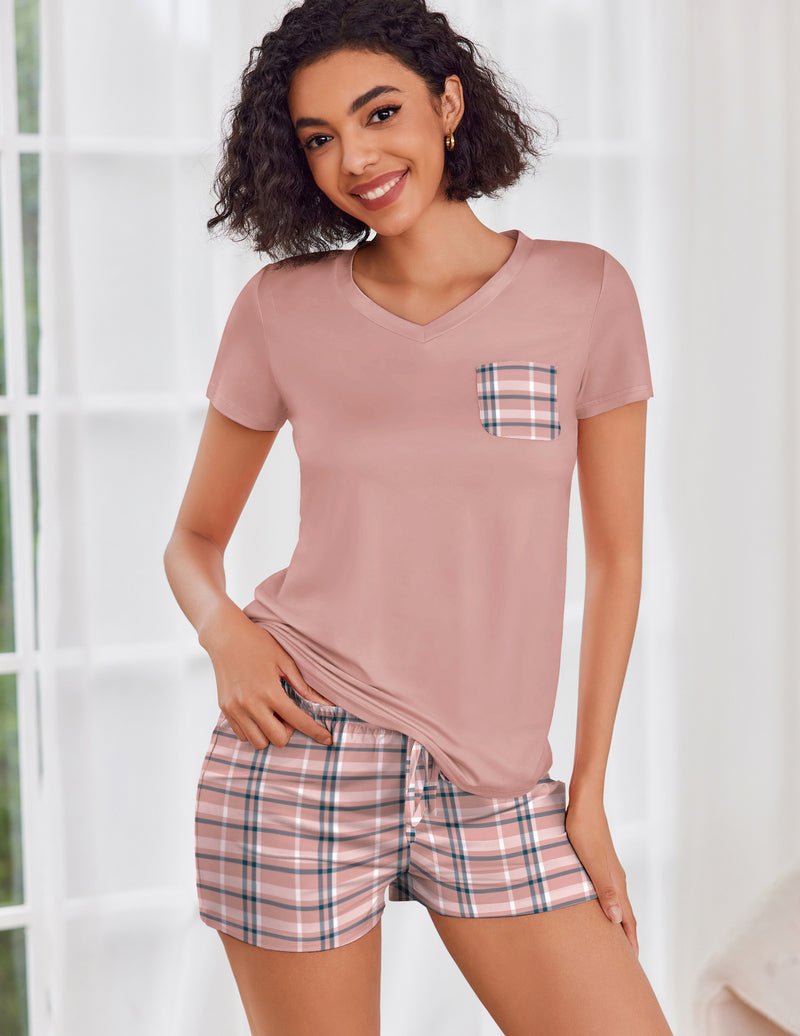Short-sleeve pajama set in dusty pink with V-neck top and plaid drawstring shorts