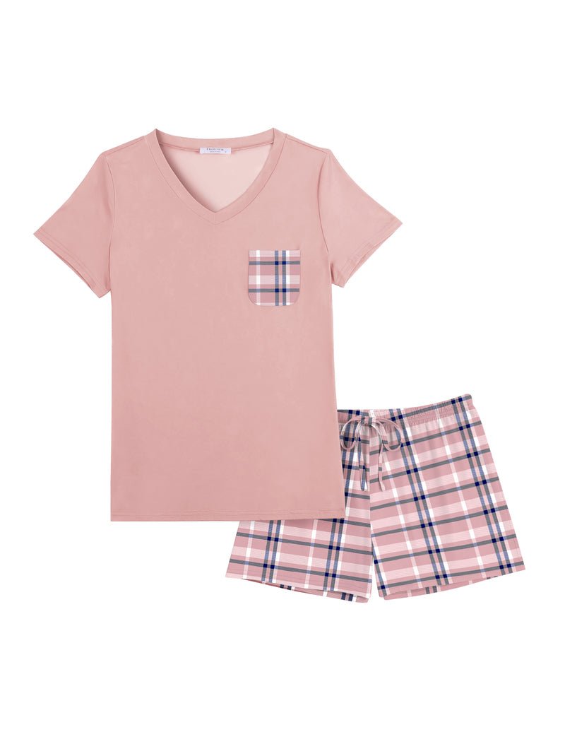 Pink short-sleeve pajama set: V-neck T-shirt with plaid drawstring shorts
